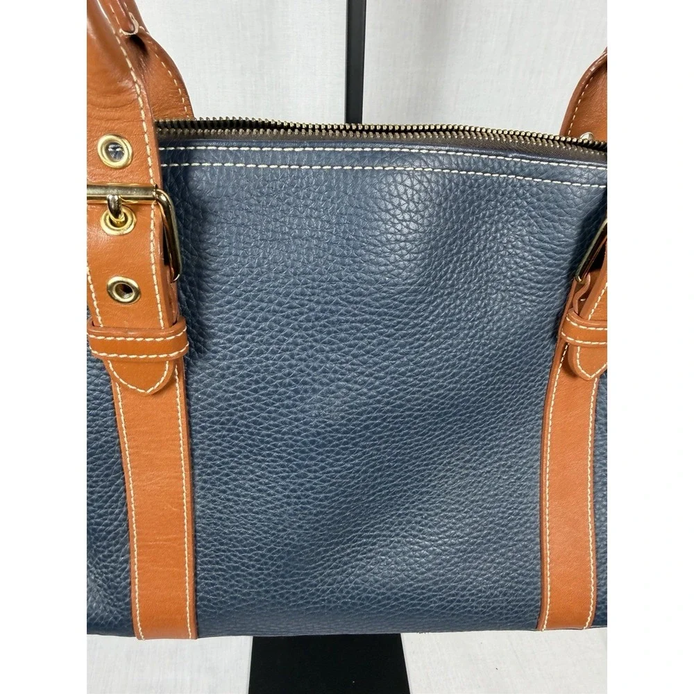 Dooney‎ & Bourke Pebbled Leather Domed Satchel Navy Tan Zip Shoulder Bag Luxury